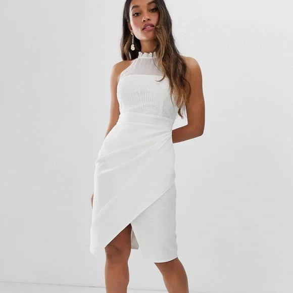 Paper Dolls Petite wrap front midi dress with lace top in white